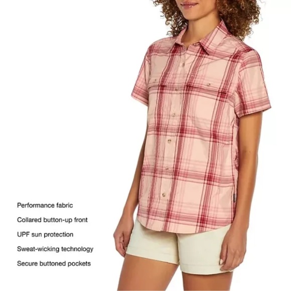 Eddie Bauer Ladies Short Sleeve Adventure Top XL Peach Starling Plaid - Picture 3 of 13